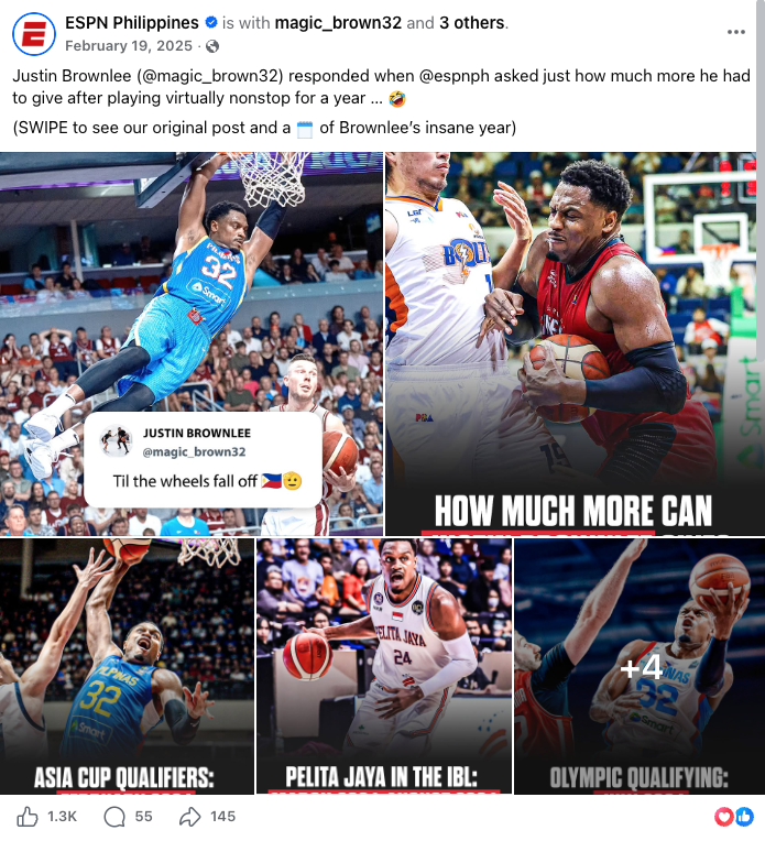 Facebook post: Justin Brownlee replies 'Til the wheels fall off' — 1.3K reactions